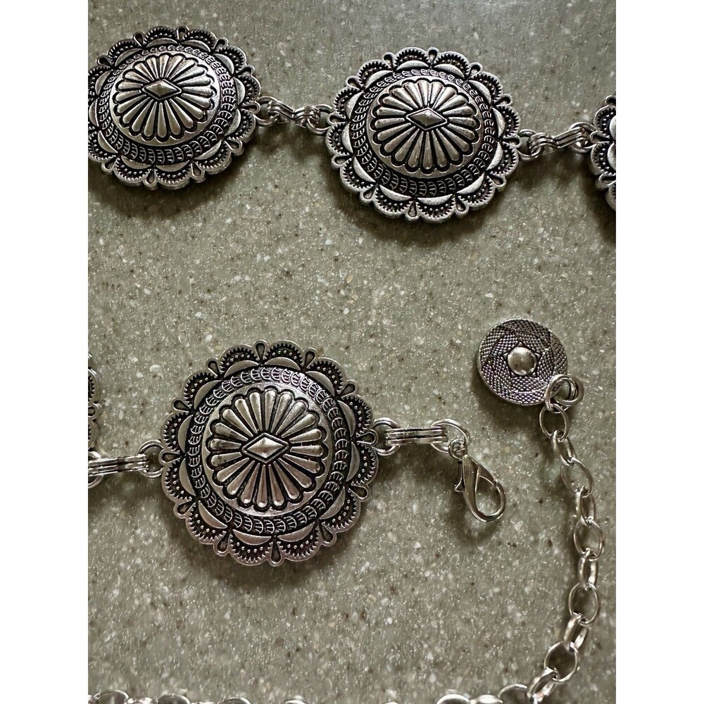 49 inch Concho Chain Belt – Vintage Silver Adjustable Waist Jewelry Hobo Concert - Picture 3 of 7